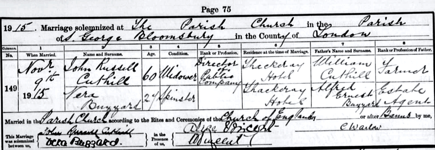 Vera Buzzard marries John Russell Cuthill 1915